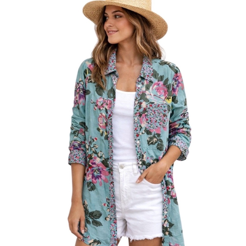 Soft Surroundings Floral Scattered Roses Button Down Tunic Shirt Size S